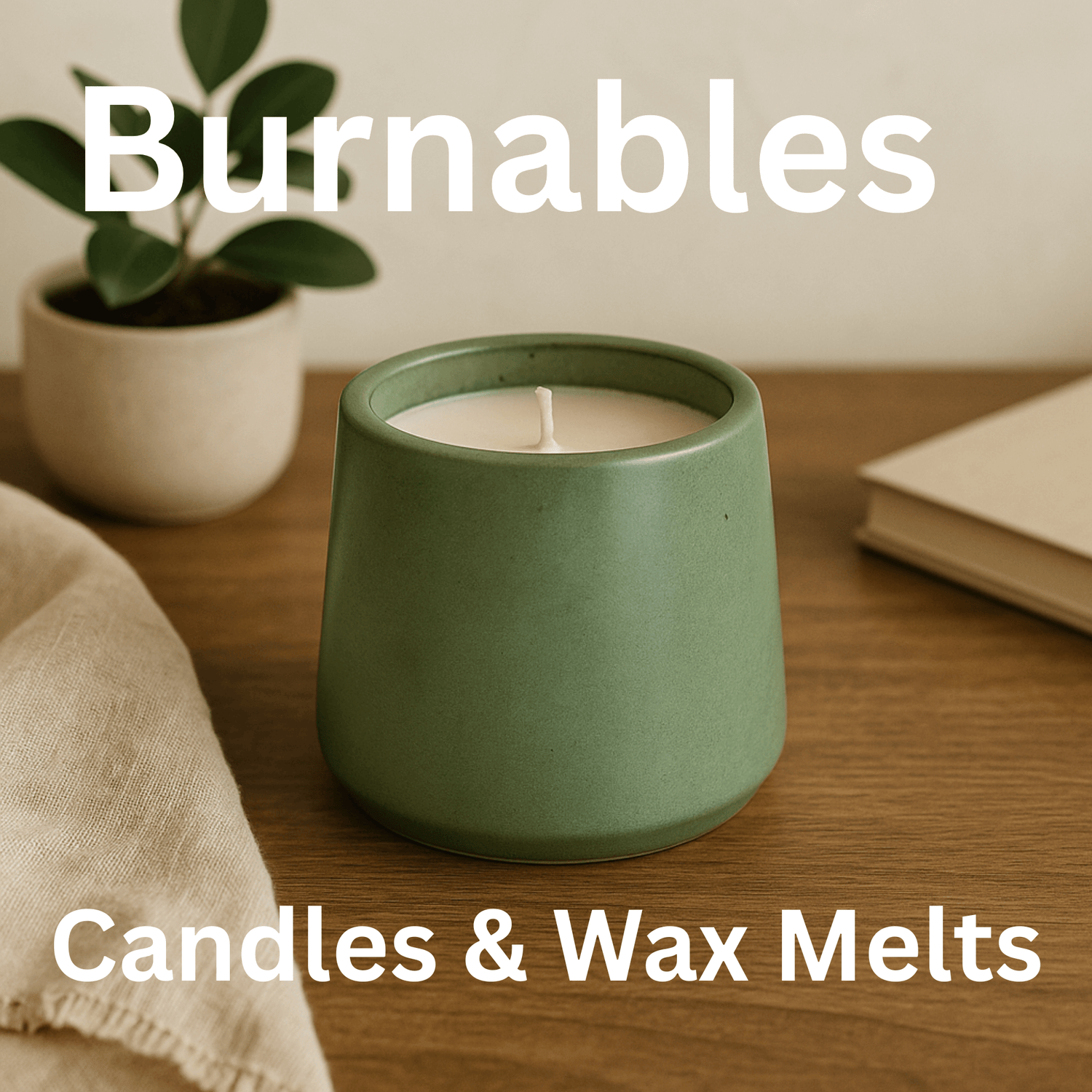 Concrete candle in Olive Green with the words, "burnables candles, and wax melts" for Grit Collectives candle collection.