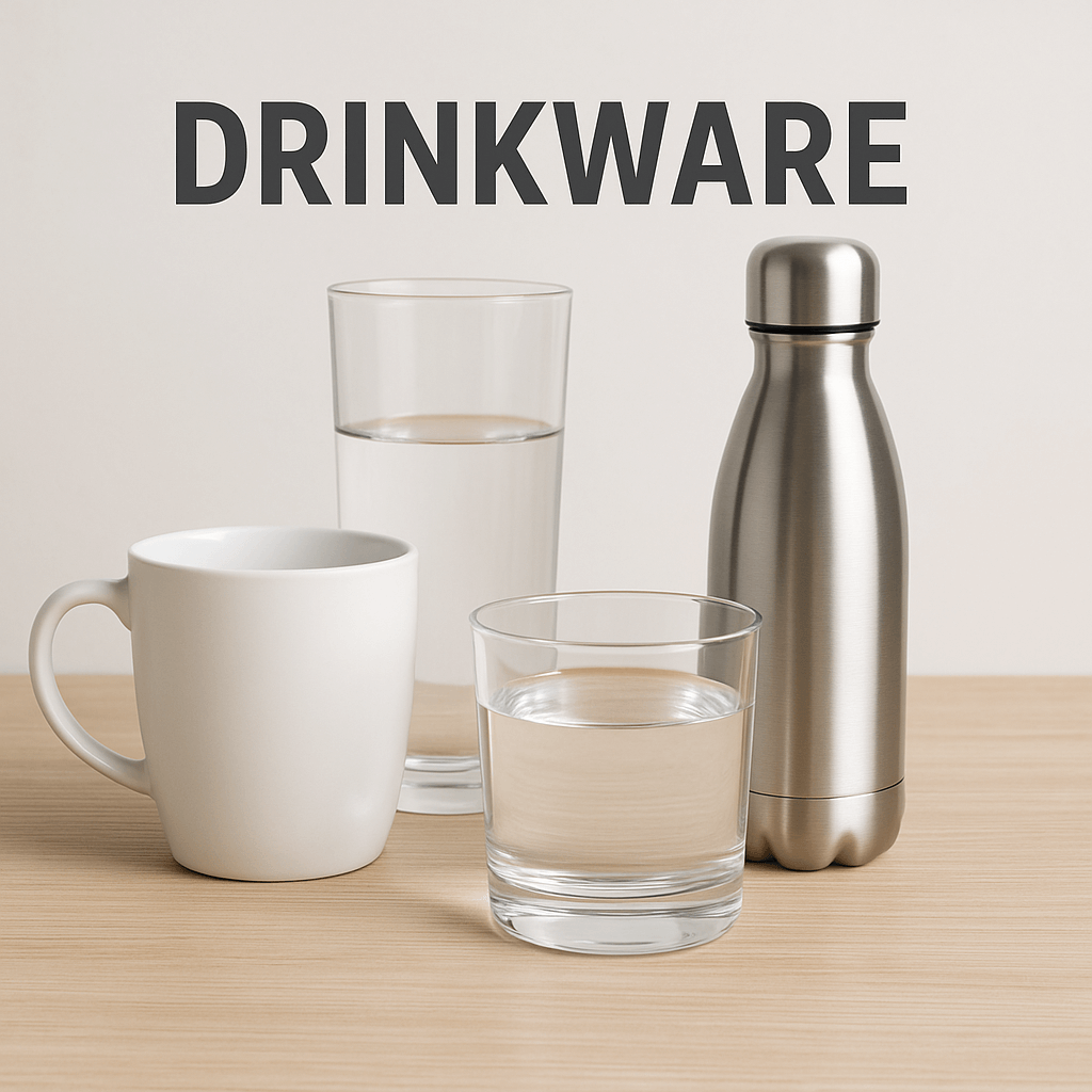 Image with text "DRINKWARE" over a photo of a white ceramic mug, a tall glass of water, a short glass of water, and a stainless steel water bottle, representing a drinkware collection.