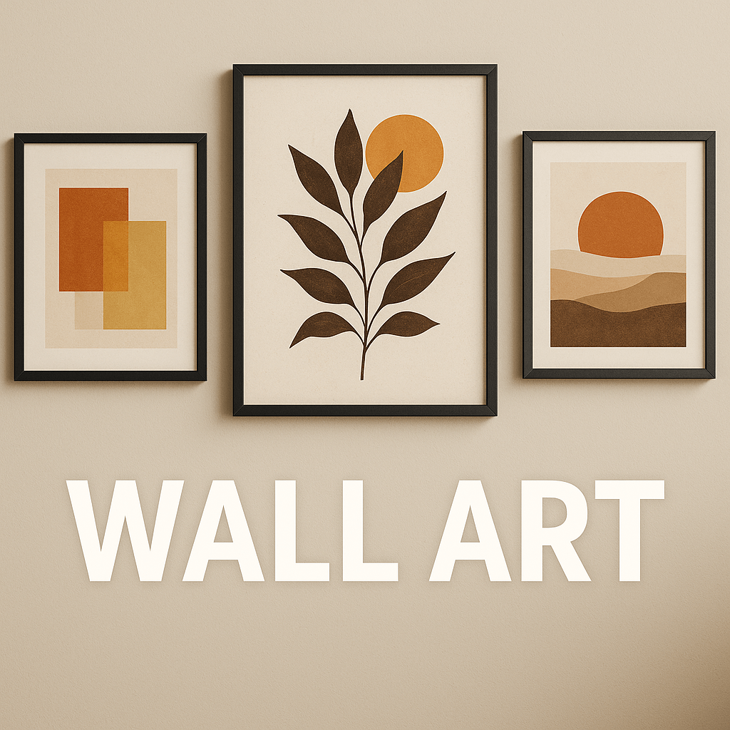 Image with text "WALL ART" over a display of three framed art prints on a wall, including abstract and botanical designs.
