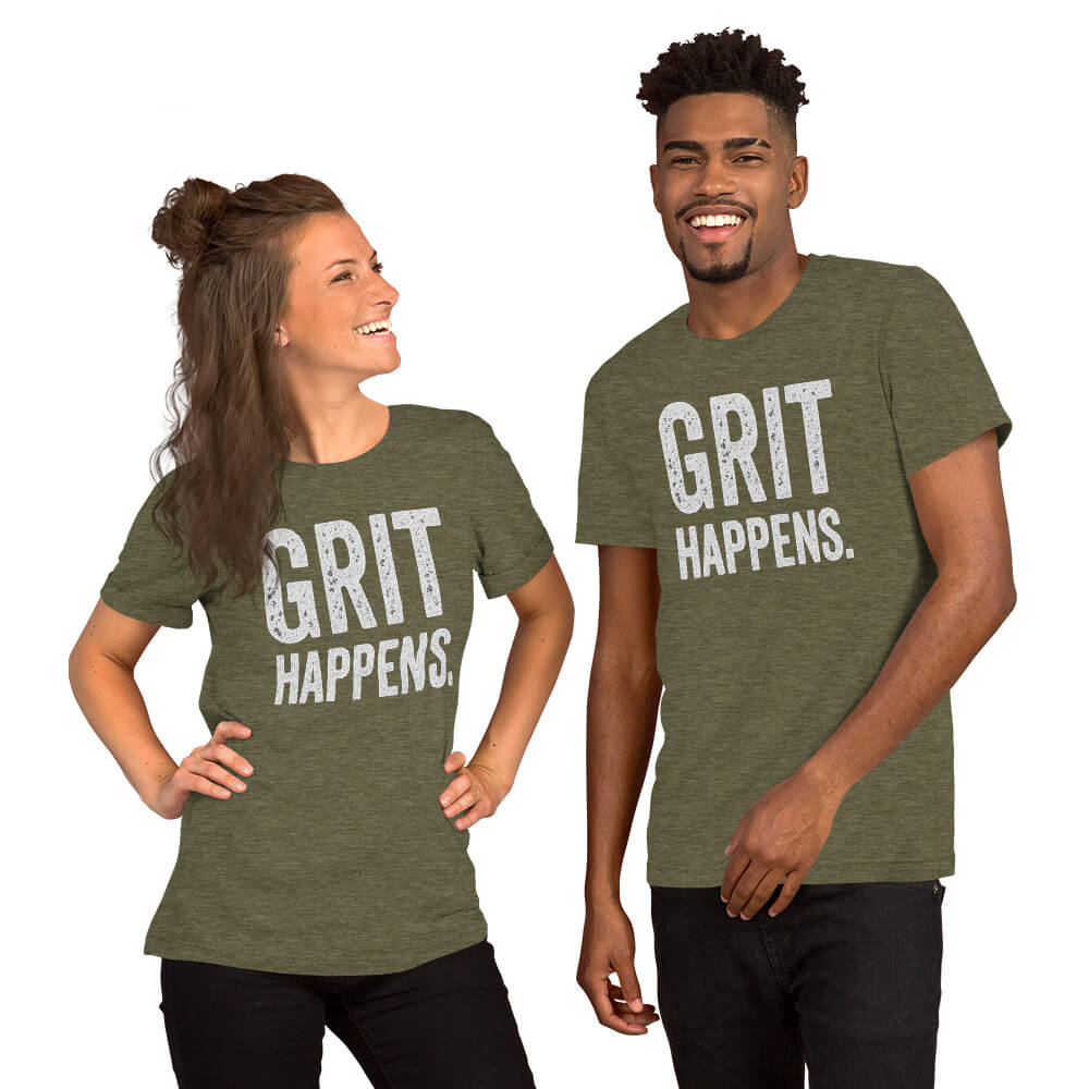 Man and Woman models stand with the GRIT HAPPENS. unisex t-shirt in Heather Olive - front view.