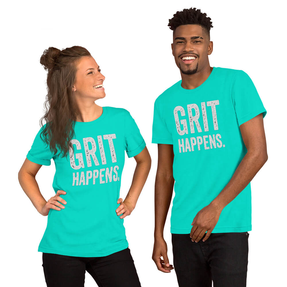 Man and Woman models stand with the GRIT HAPPENS. unisex t-shirt in Teal - front view.