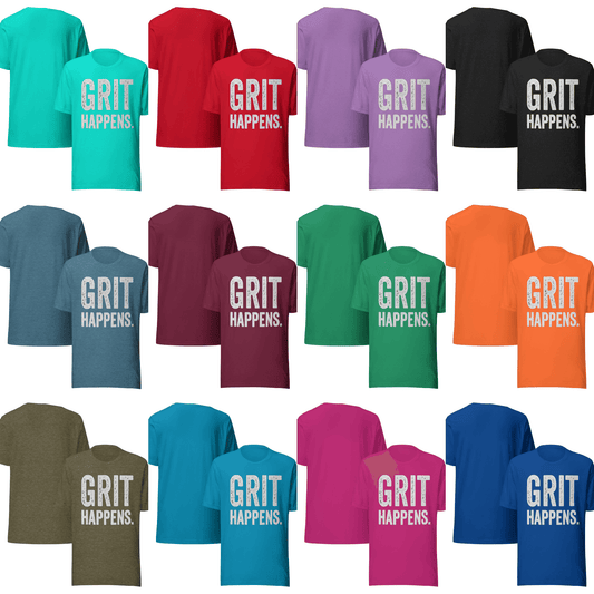 Full color range of GRIT HAPPENS. unisex t-shirts by Grit Collective.