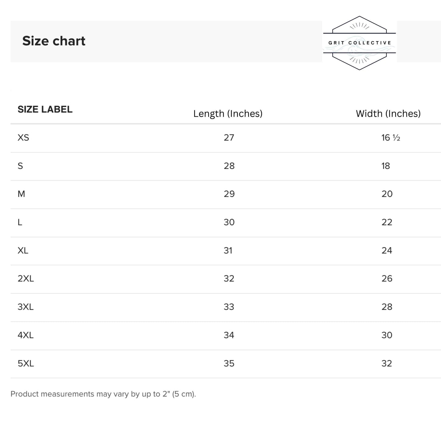 GRIT HAPPENS. unisex t-shirt Size guide by Grit Collective.