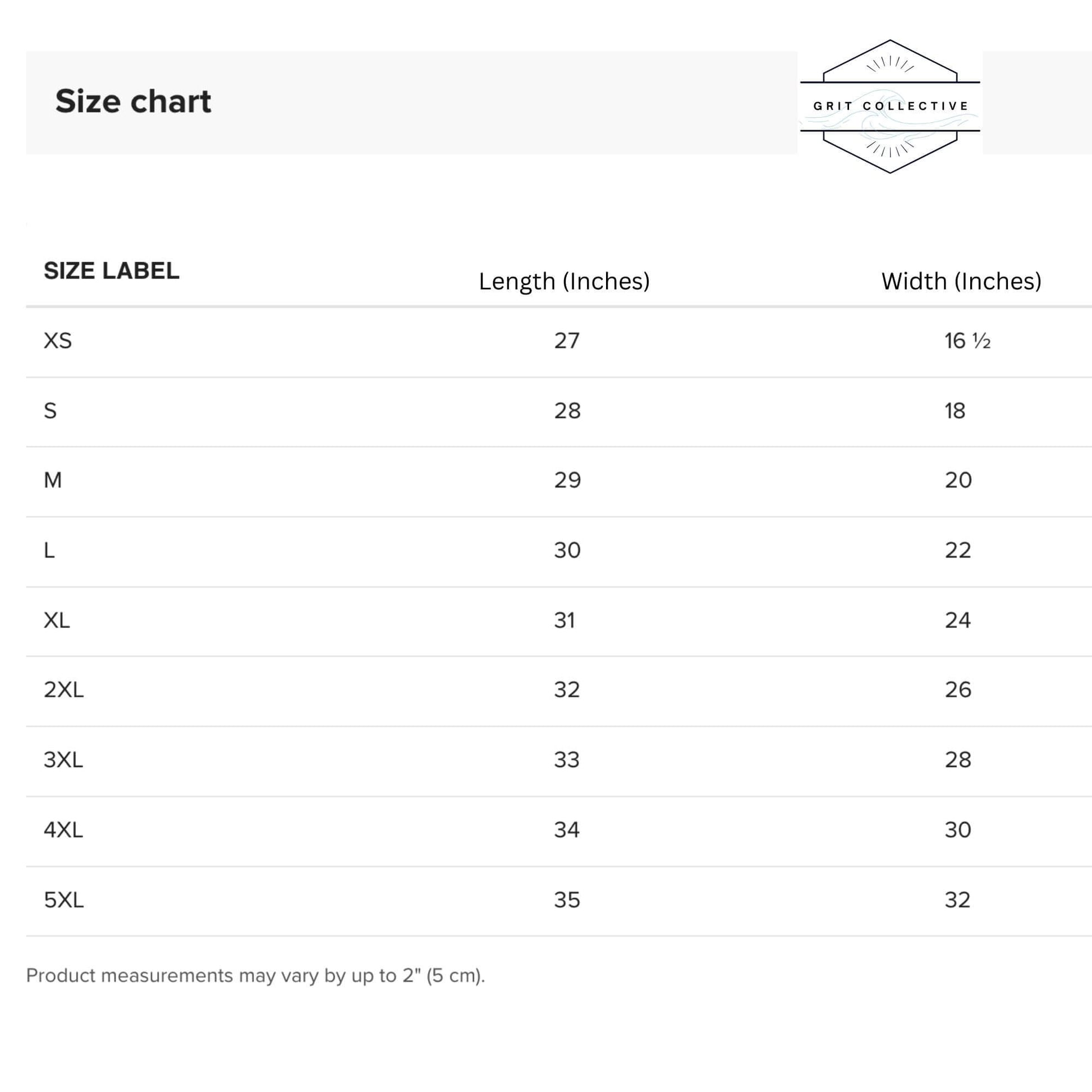 GRIT HAPPENS. unisex t-shirt Size guide by Grit Collective.
