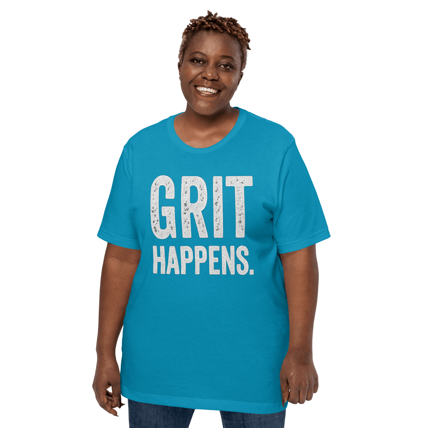 Woman stands to show the GRIT HAPPENS. unisex t-shirt in aqua - front
