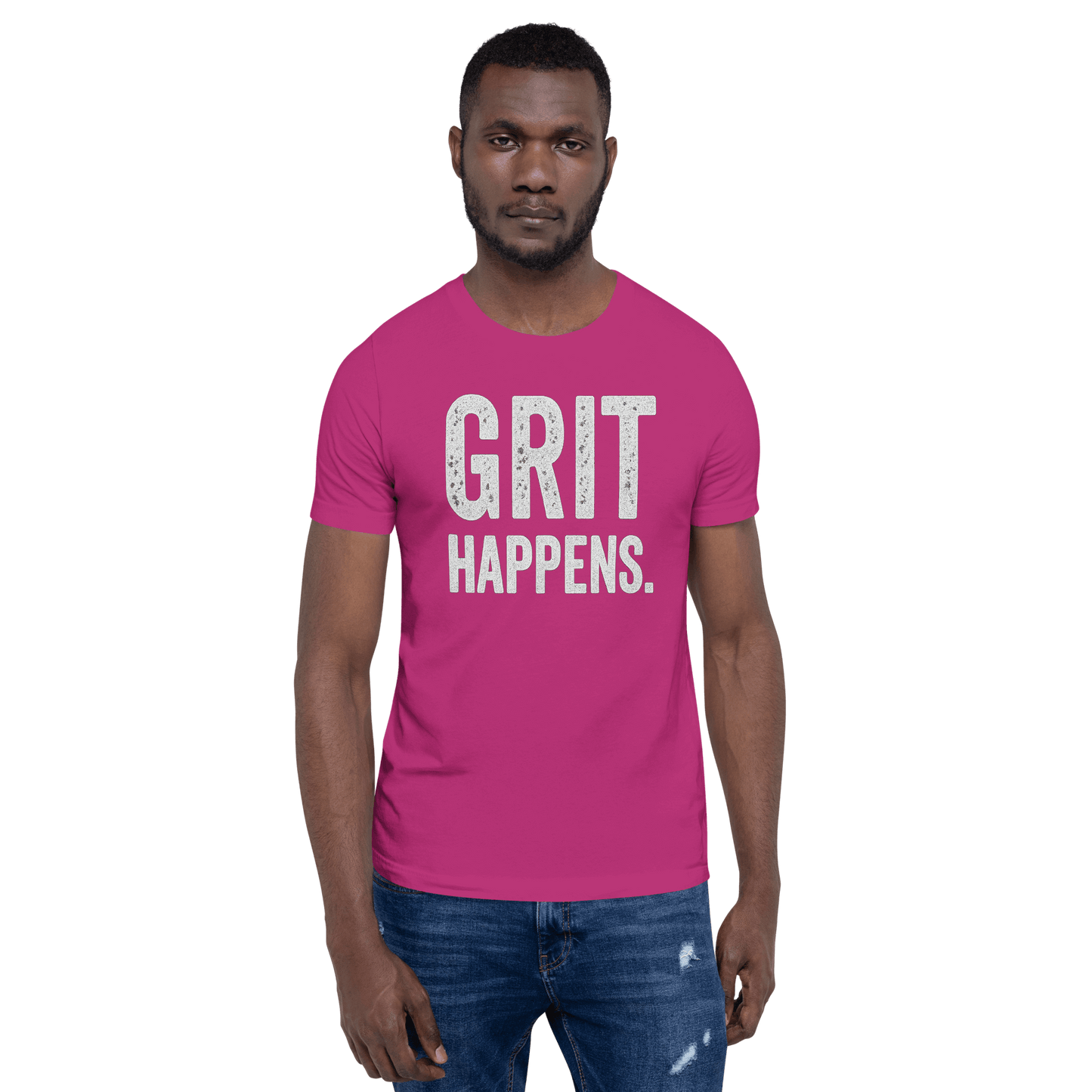 Man stands to show the GRIT HAPPENS. unisex t-shirt in Berry - front veiw.