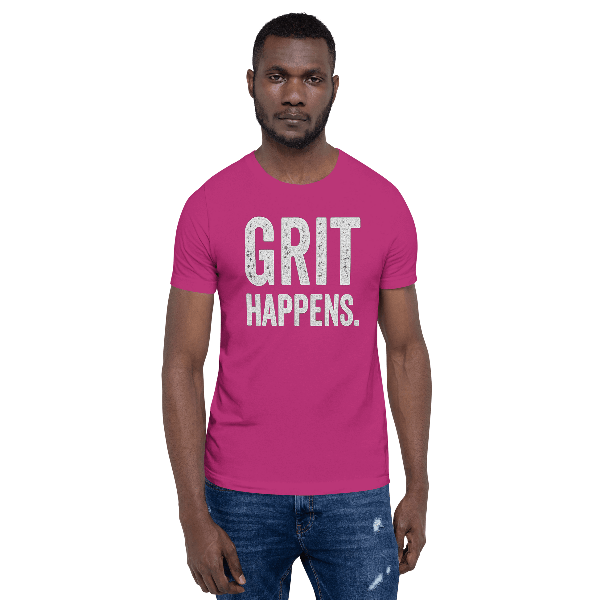 Man stands to show the GRIT HAPPENS. unisex t-shirt in Berry - front veiw.