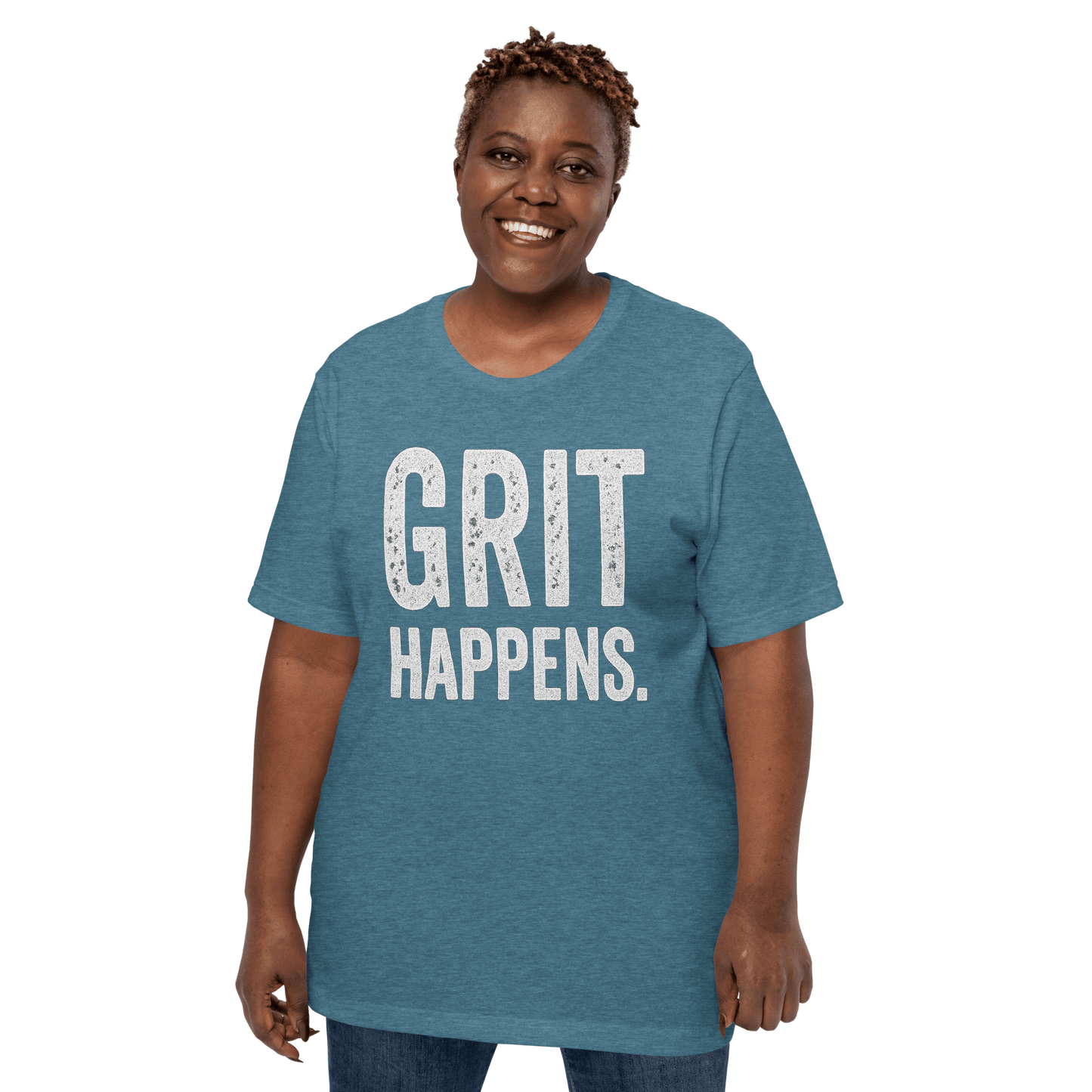 Woman stands to show the GRIT HAPPENS. unisex t-shirt in blue color - front veiw.