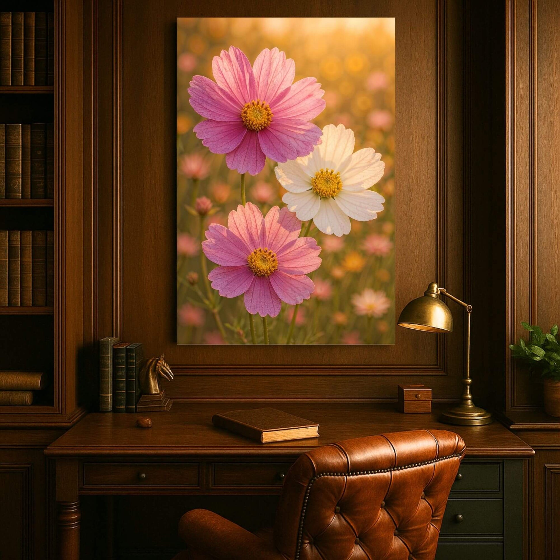 Cosmos flower field canvas print featuring pink and white flowers, displayed in a traditional office or
study space setting.