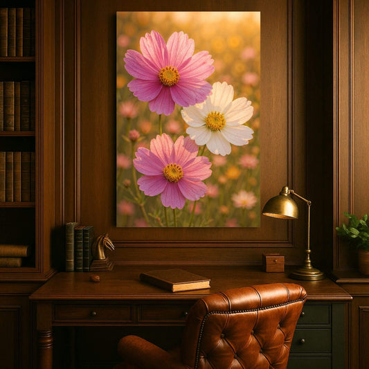 Cosmos flower field canvas print featuring pink and white flowers, displayed in a traditional office or
study space setting.