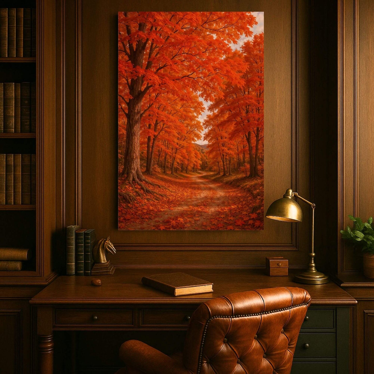Large autumn maple forest canvas art bringing warm seasonal ambience to a classic wood-paneled study above a vintage leather desk.