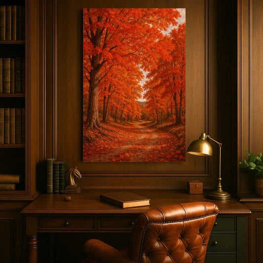 Large autumn maple forest canvas art bringing warm seasonal ambience to a classic wood-paneled study above a vintage leather desk.