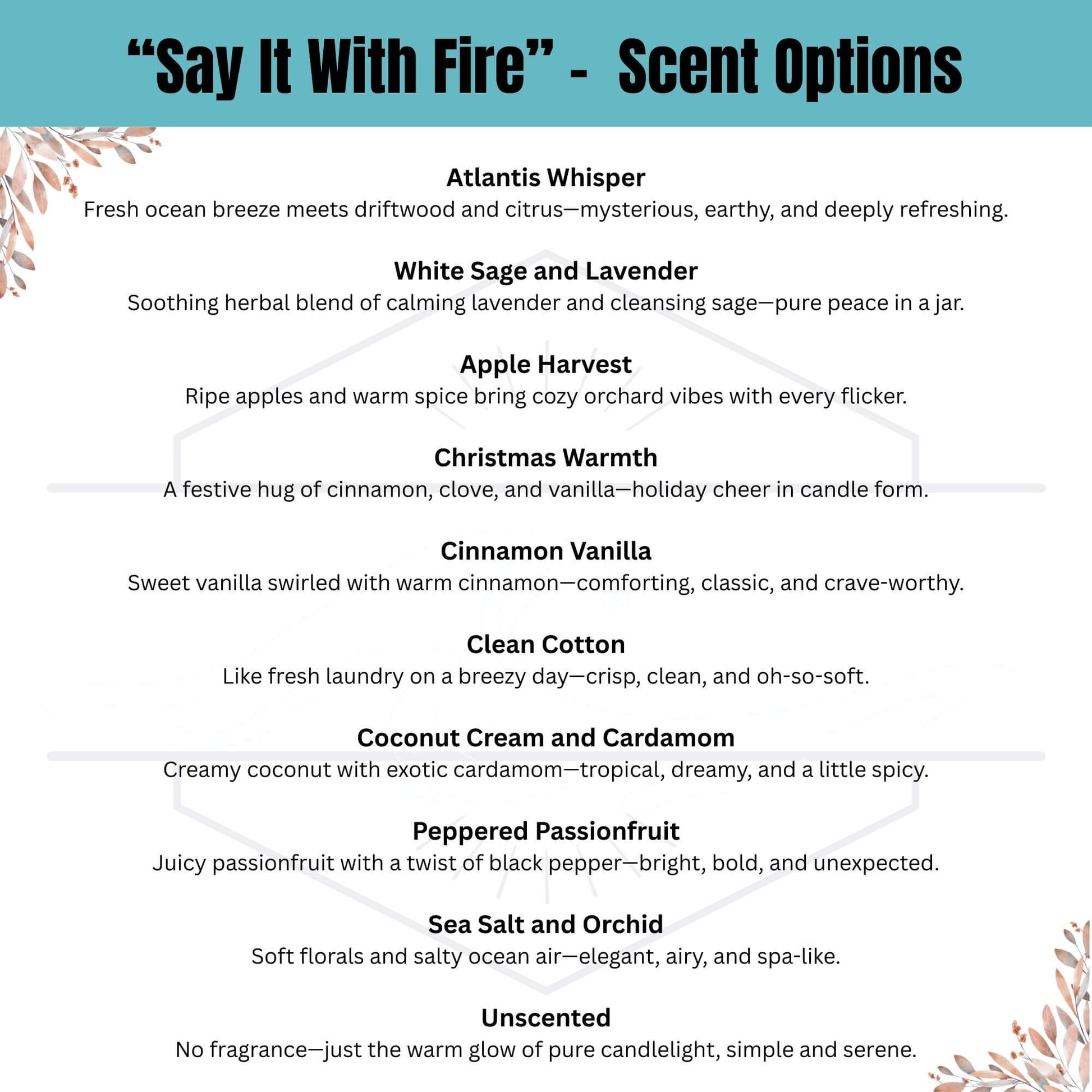 A display of scent options and short description of each scent for the candle line "say it with fire" by Grit Collective.