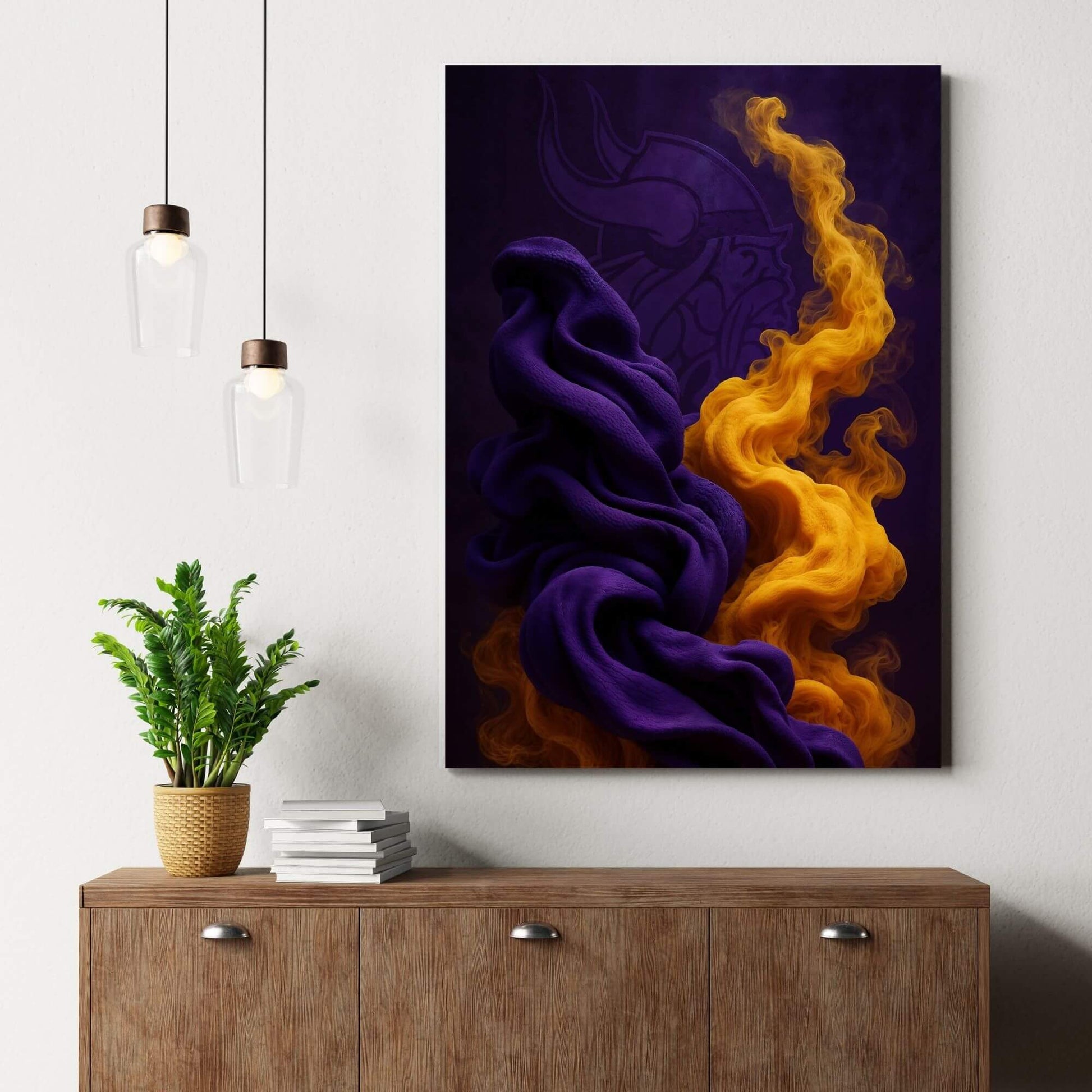 Abstract art canvas print in purple and gold, placed on a wooden dresser with a plant, suitable for a game room or fan decor.