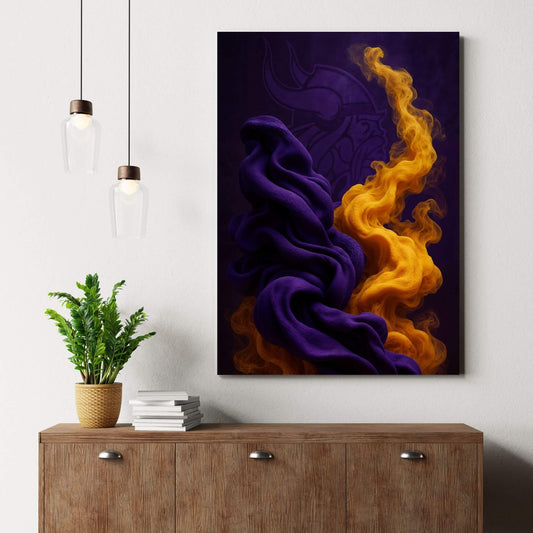 Abstract art canvas print in purple and gold, placed on a wooden dresser with a plant, suitable for a game room or fan decor.