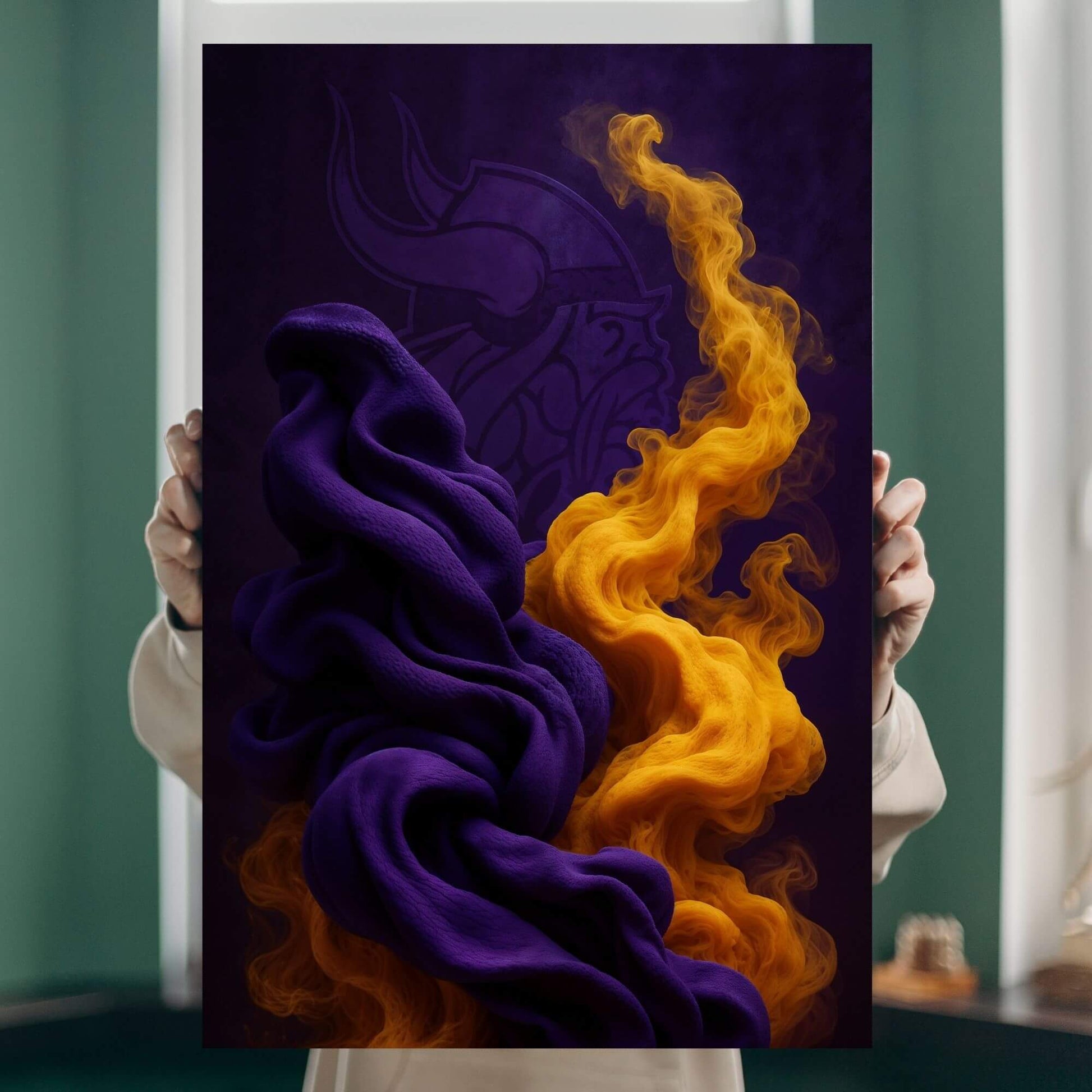 Person holding an abstract canvas print featuring purple and gold colors with a subtle logo.