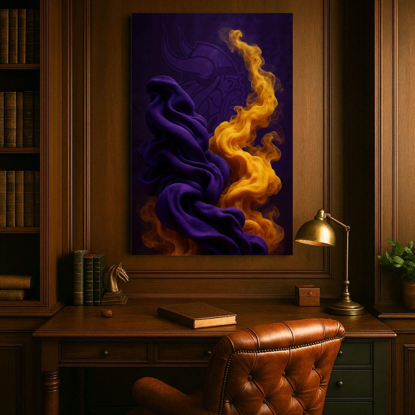 Abstract canvas print featuring swirling purple and gold colors with a subtle symbol in the background, displayed in a wood-paneled office.