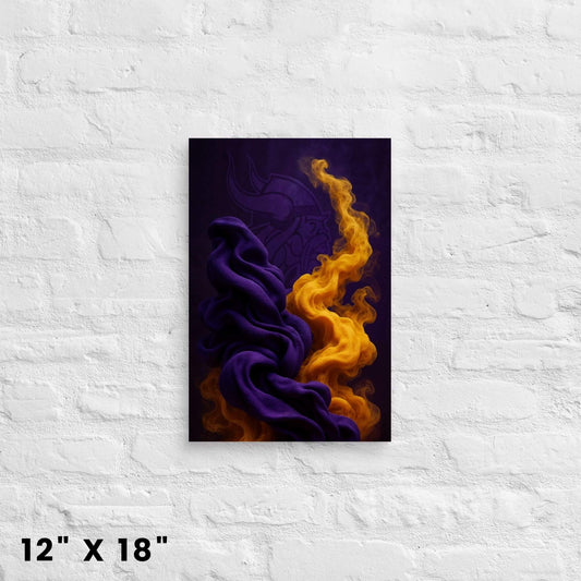 12"x18" abstract art canvas print in purple and gold, mounted on a white brick wall.