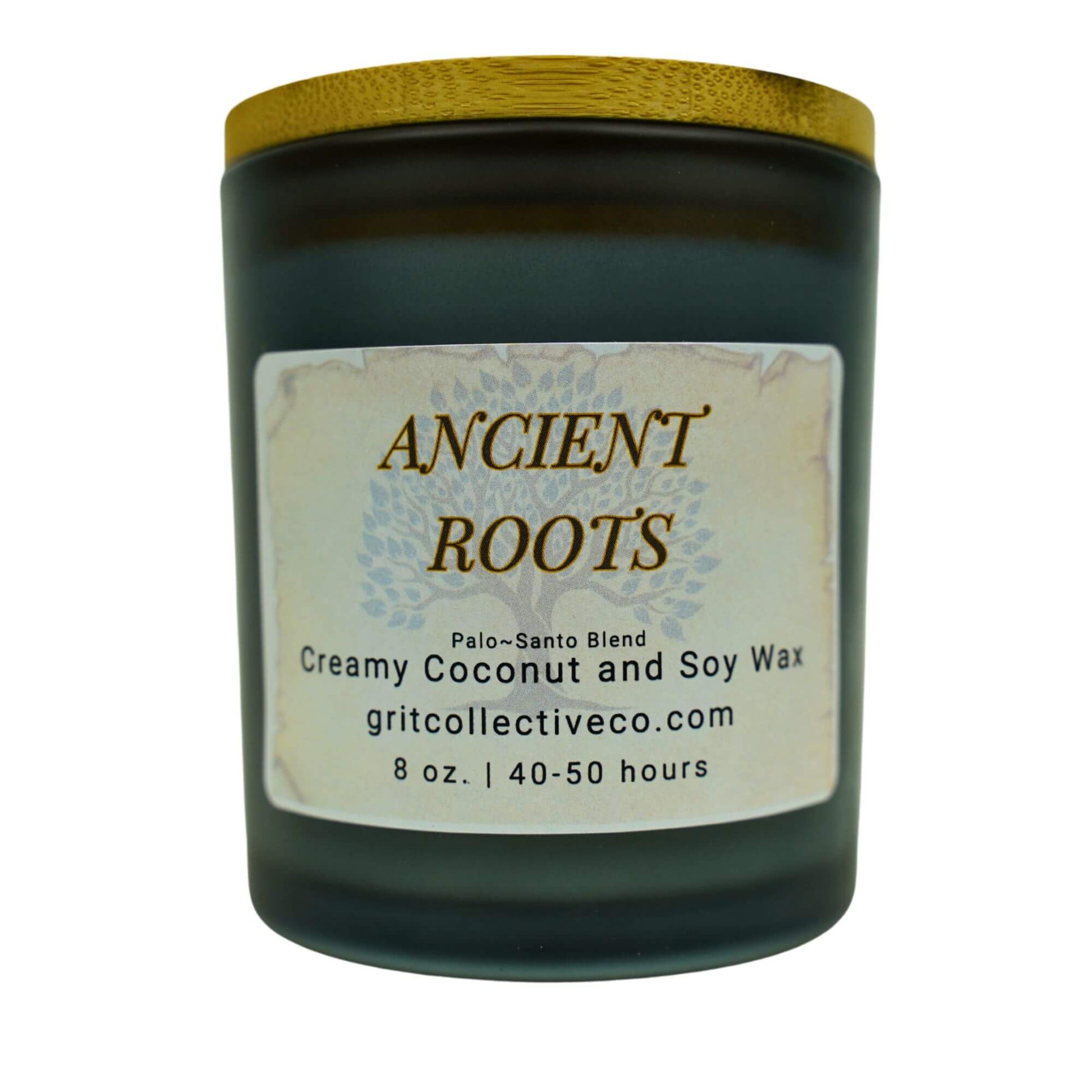 Ancient Roots" Palo Santo blend creamy coconut and soy wax candle by Grit Collective Co. featuring a tree design and wooden lid.