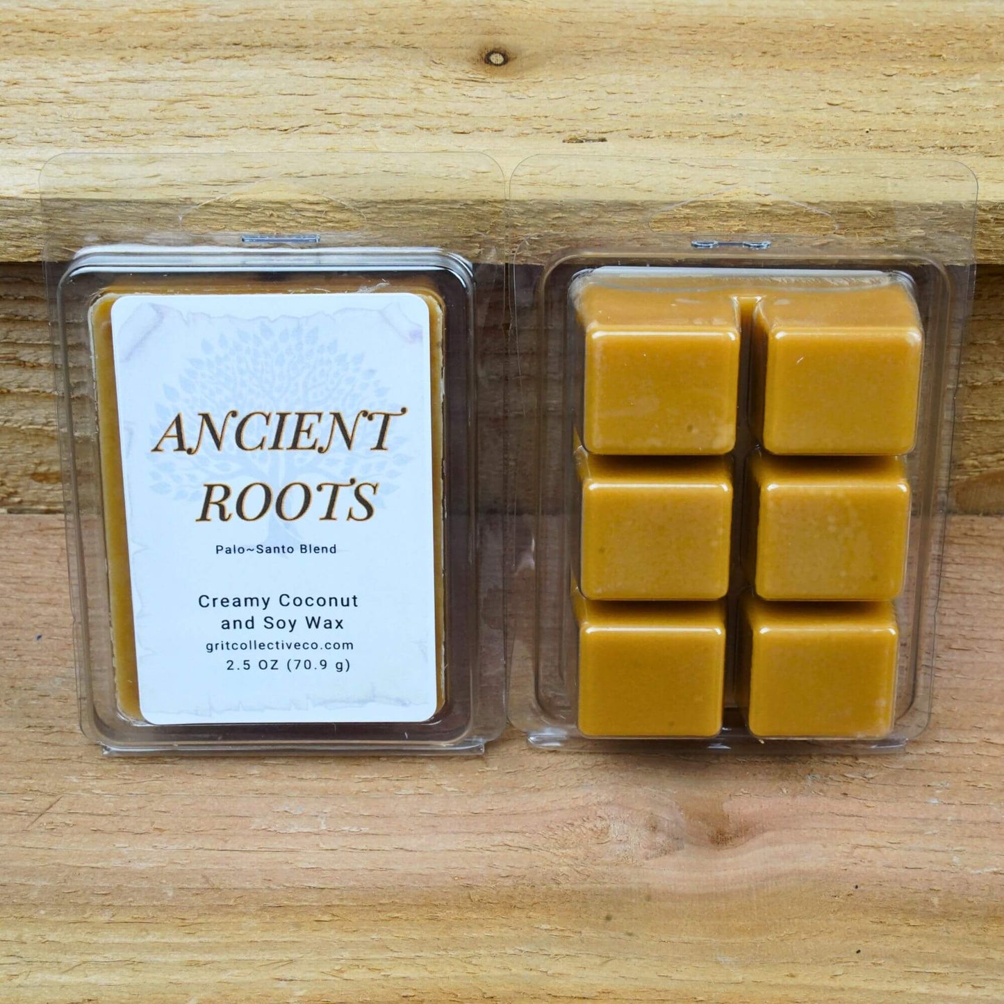 Ancient Roots Palo-Santo Blend creamy coconut and soy wax melts, 2.5 oz package.