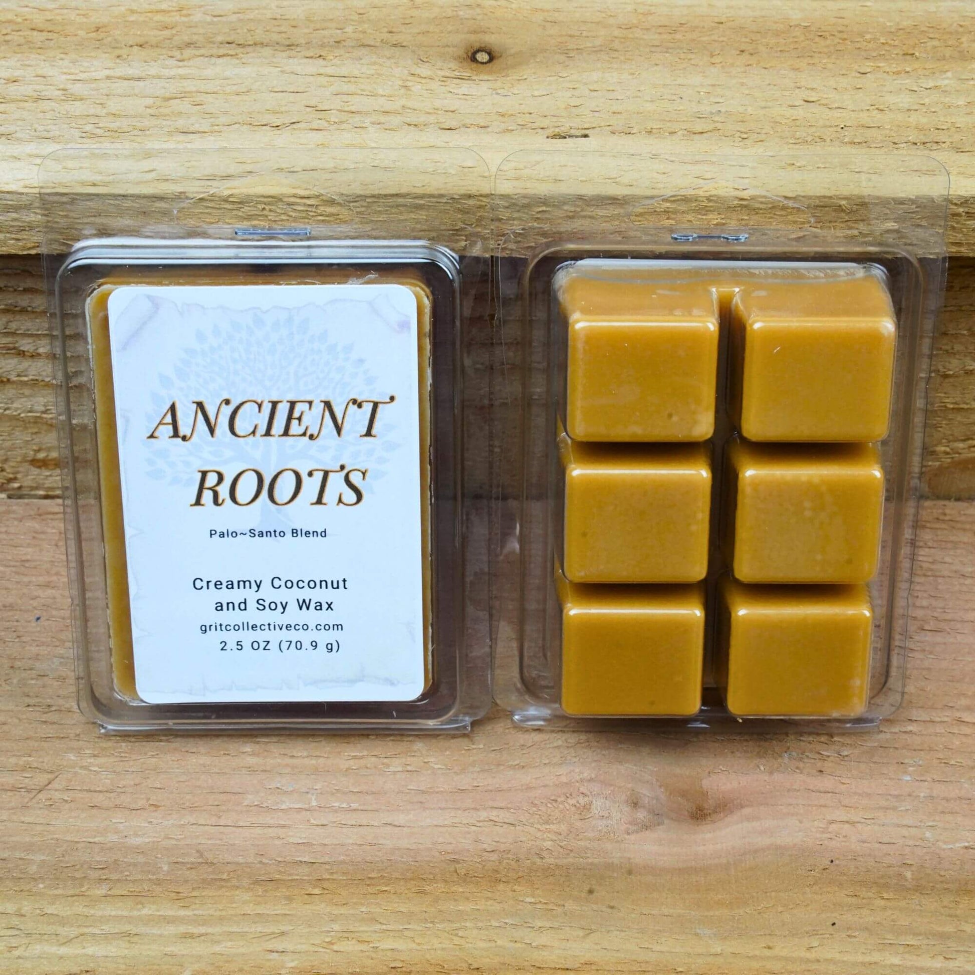 Ancient Roots Palo-Santo Blend creamy coconut and soy wax melts, 2.5 oz package.