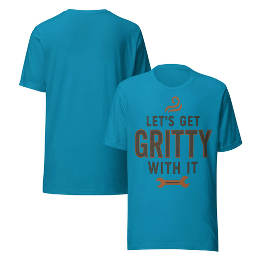 GET GRITTY unisex t-shirt in Aqua - front and back view.