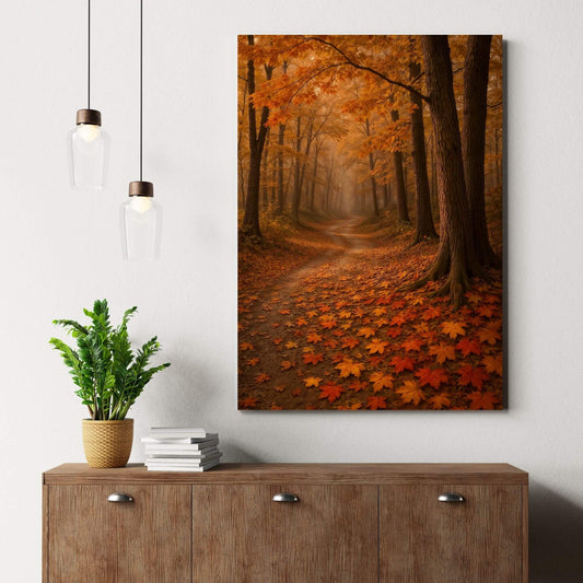 Autumn Forest Path Canvas Wall Art – Golden Fall Leaves & Woodland Trail Decor
