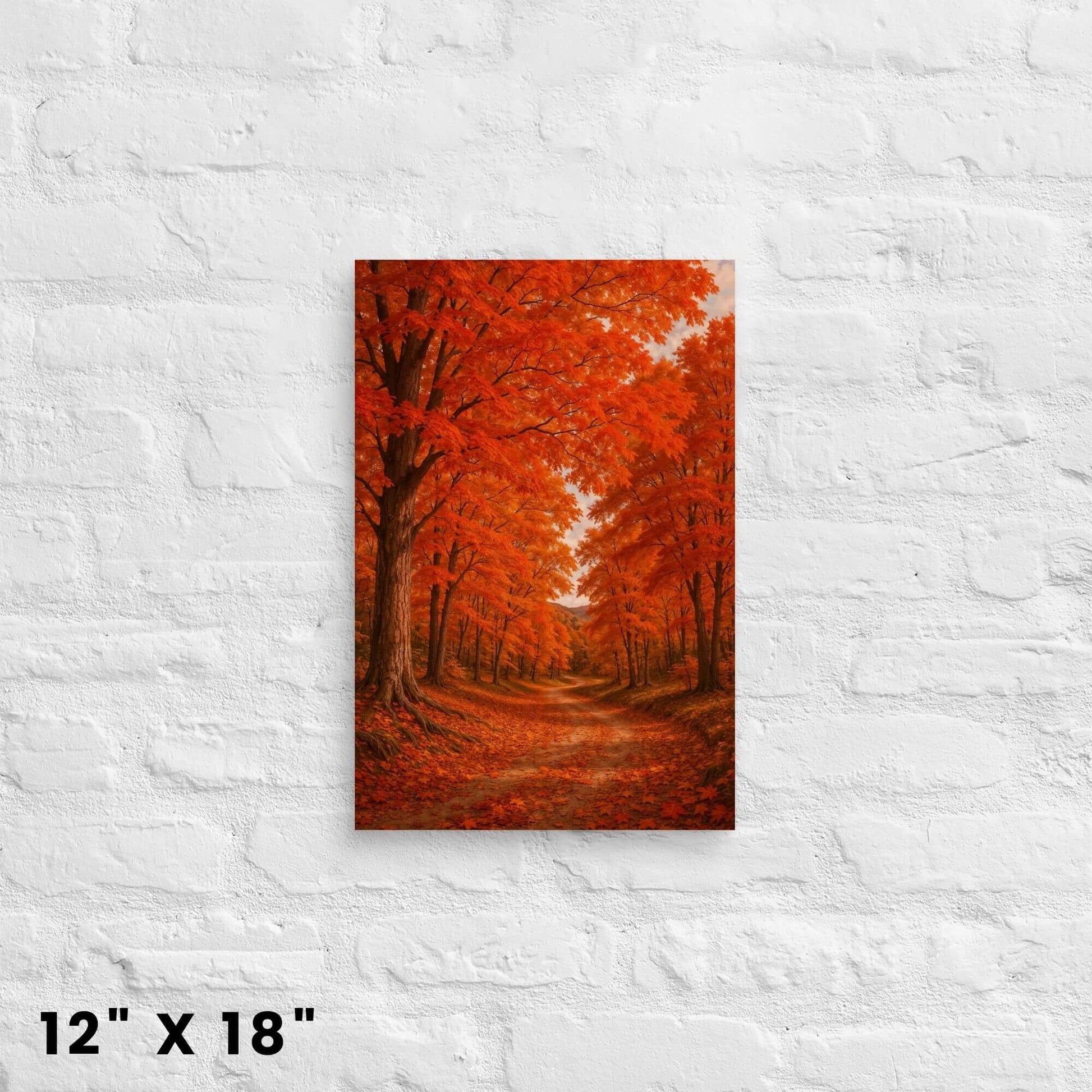 12 × 18-inch cozy maple alley canvas wall art featuring vivid fall colors on a white-brick wall.