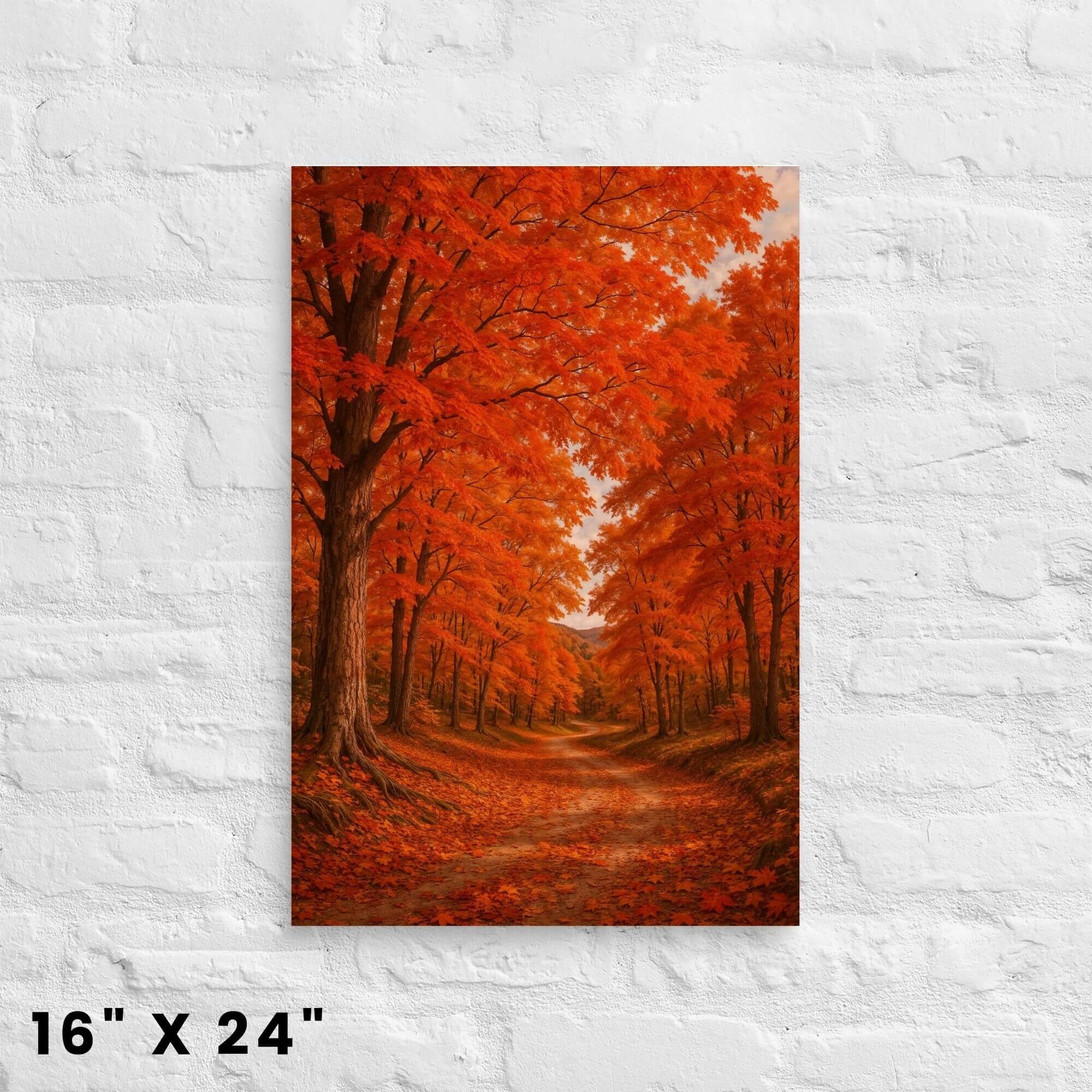 16 × 24-inch golden-red woodland path canvas print with crisp maple leaves on a white-brick setting.