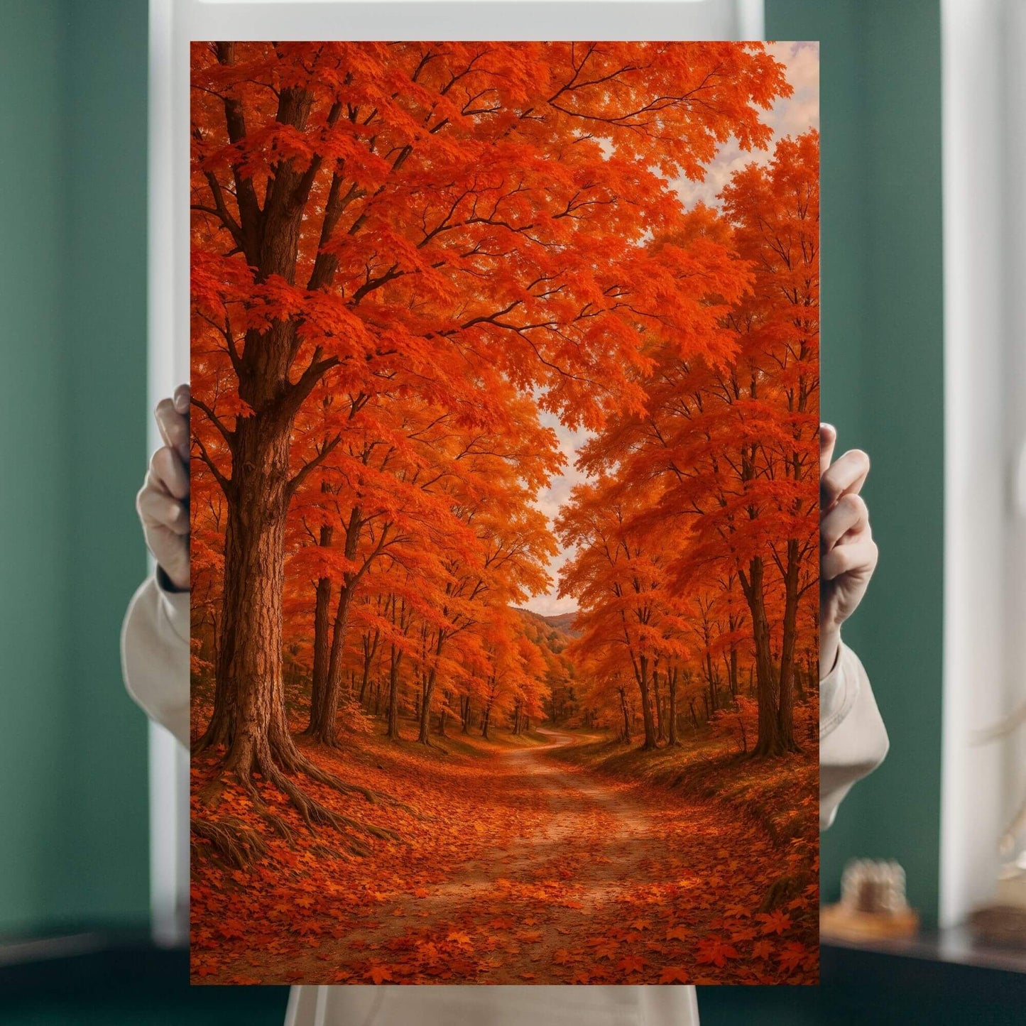 Person holding a vivid autumn maple forest canvas print to illustrate real-life size, detail, and rich warm color palette.