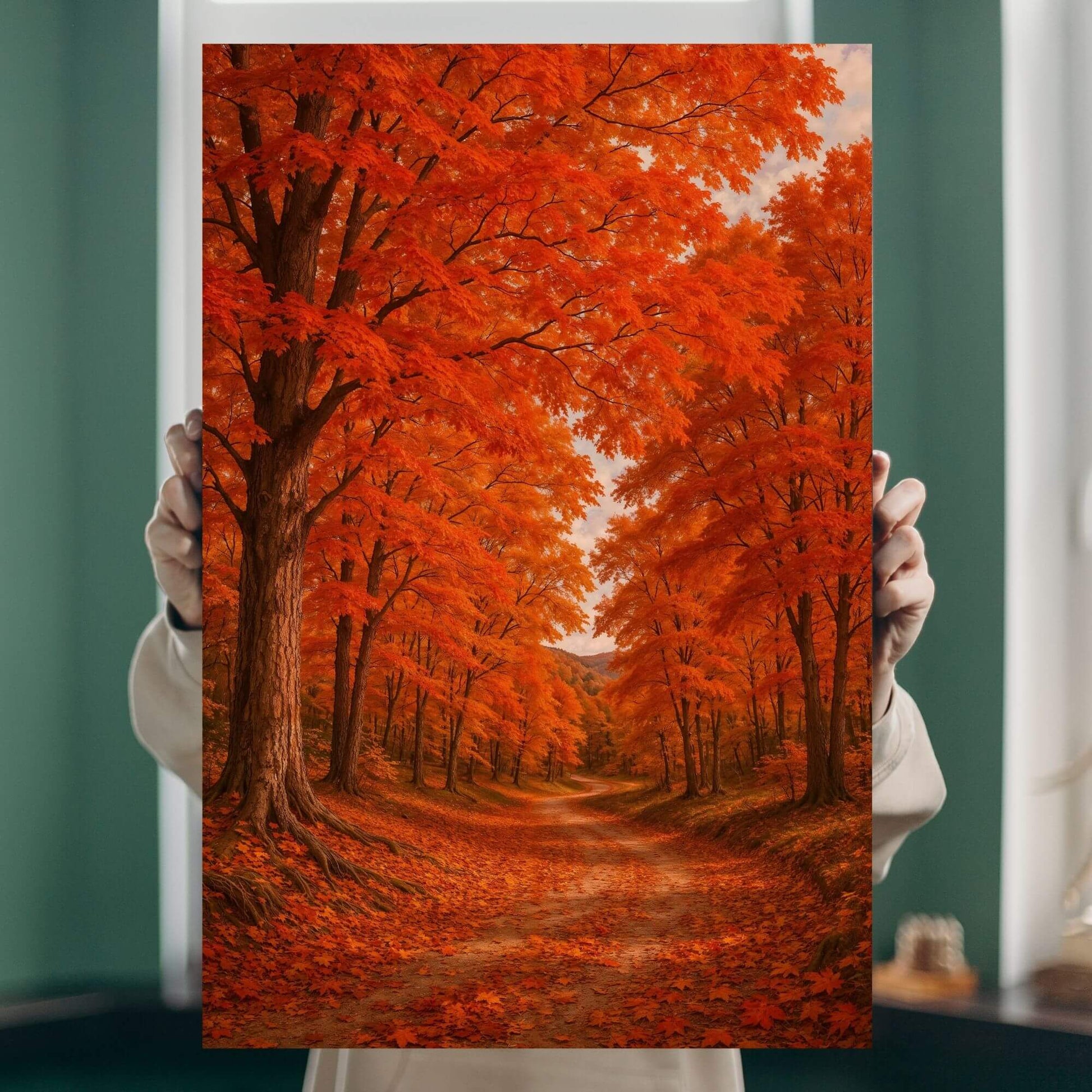 Person holding a vivid autumn maple forest canvas print to illustrate real-life size, detail, and rich warm color palette.