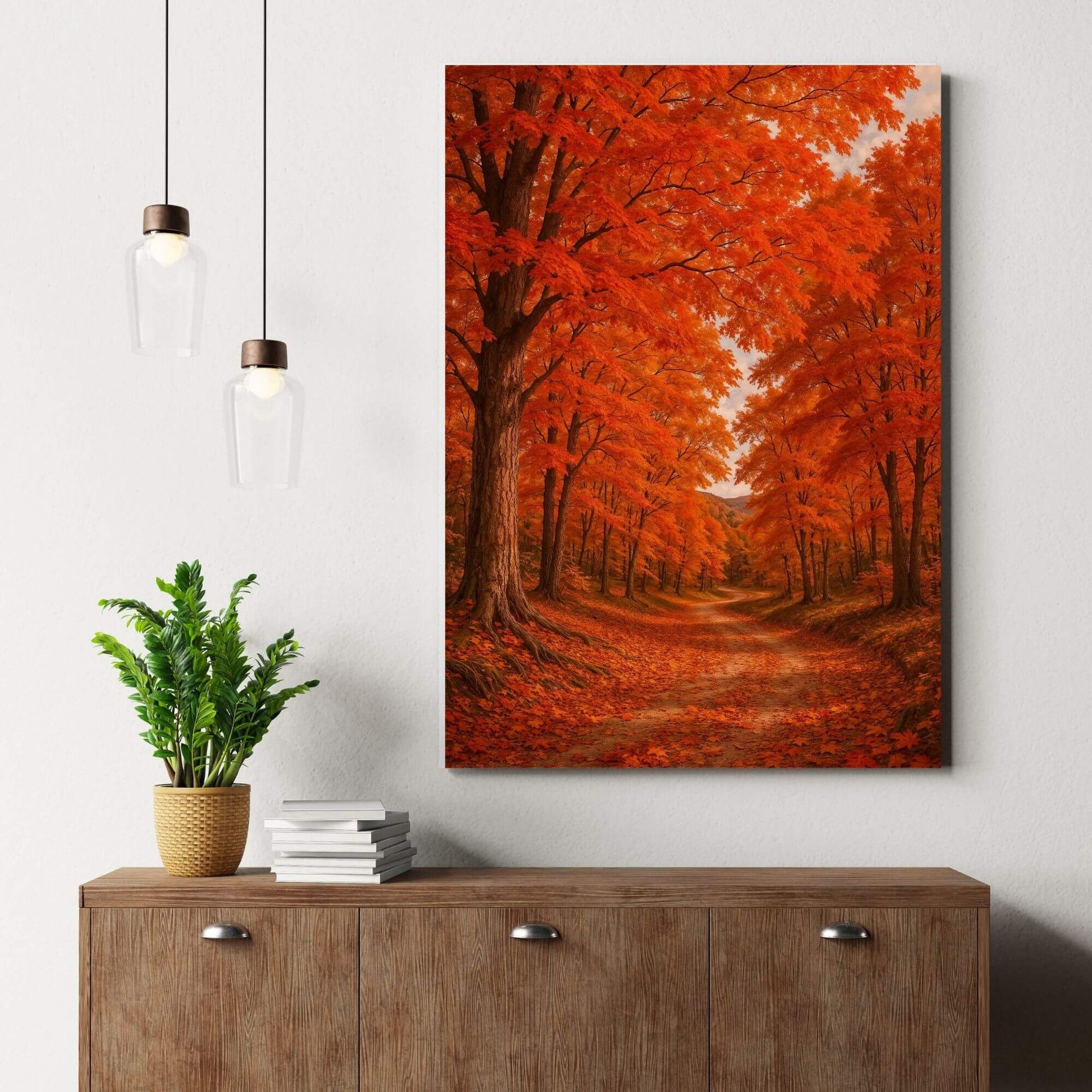 Autumn maple canopy canvas wall art adding bold fall energy above a modern wood sideboard with pendant lights and greenery.