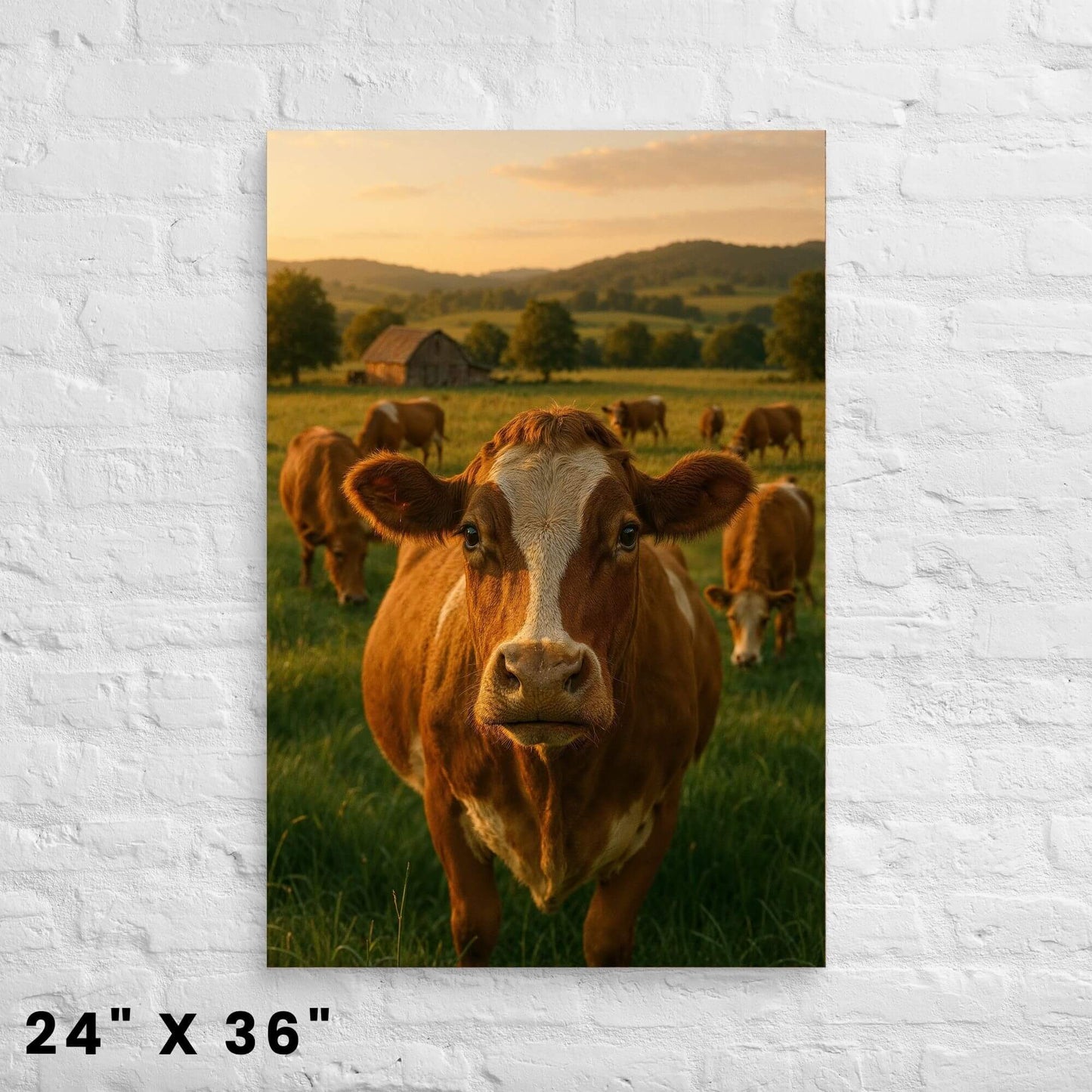 Rural landscape wall art canvas (24x36 inches) featuring a cow in a field at sunset, mounted on a brick wall.
