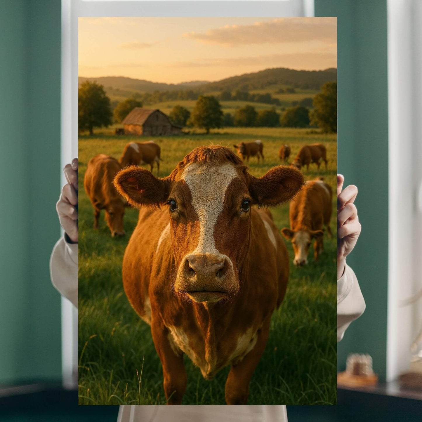 A person holding up a canvas print of a brown and white cow in a grassy field with a barn and other cattle, showing how the farm animal art looks in a home setting.