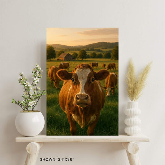 24x36 inch canvas print of a brown and white cow in a grassy field with a barn and other cattle, shown on a shelf with decor.