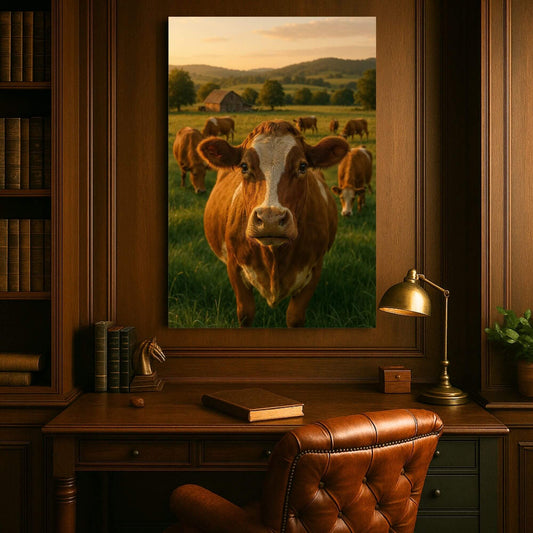Canvas print of a brown and white cow standing in a grassy field with other cattle and a barn under a sunset sky, displayed in a wood-paneled office or study.