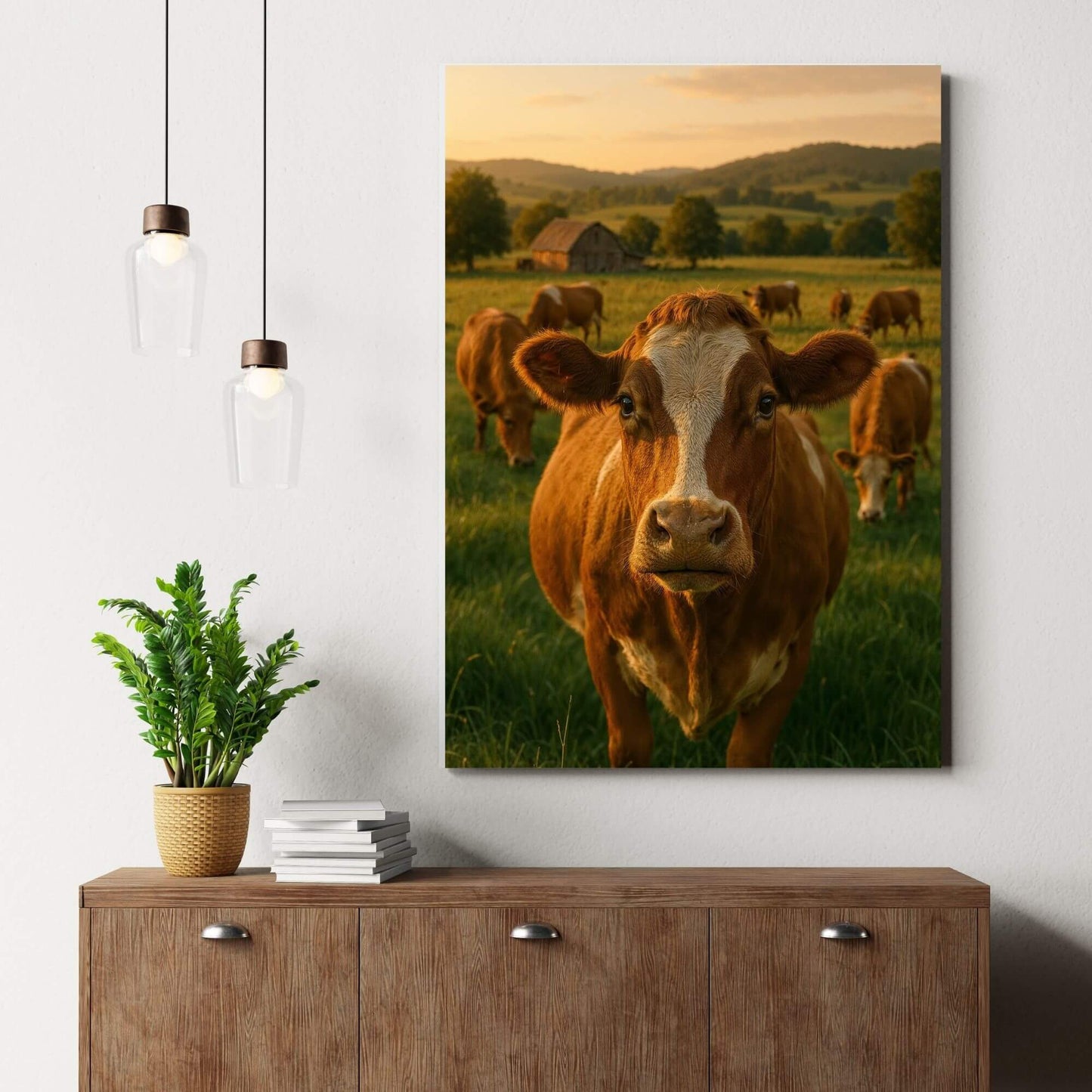 Lifestyle photo of a rural landscape cow canvas print, perfect for home decor above furniture.