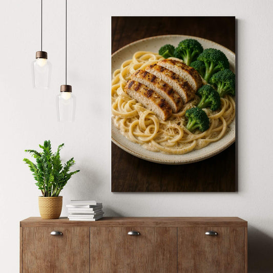 Canvas print of chicken alfredo pasta with broccoli, placed on a wooden dresser next to a
potted plant and books, suitable for kitchen or dining room decor.