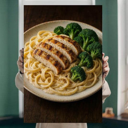 A person holding a canvas print of a plate of chicken alfredo pasta with broccoli.