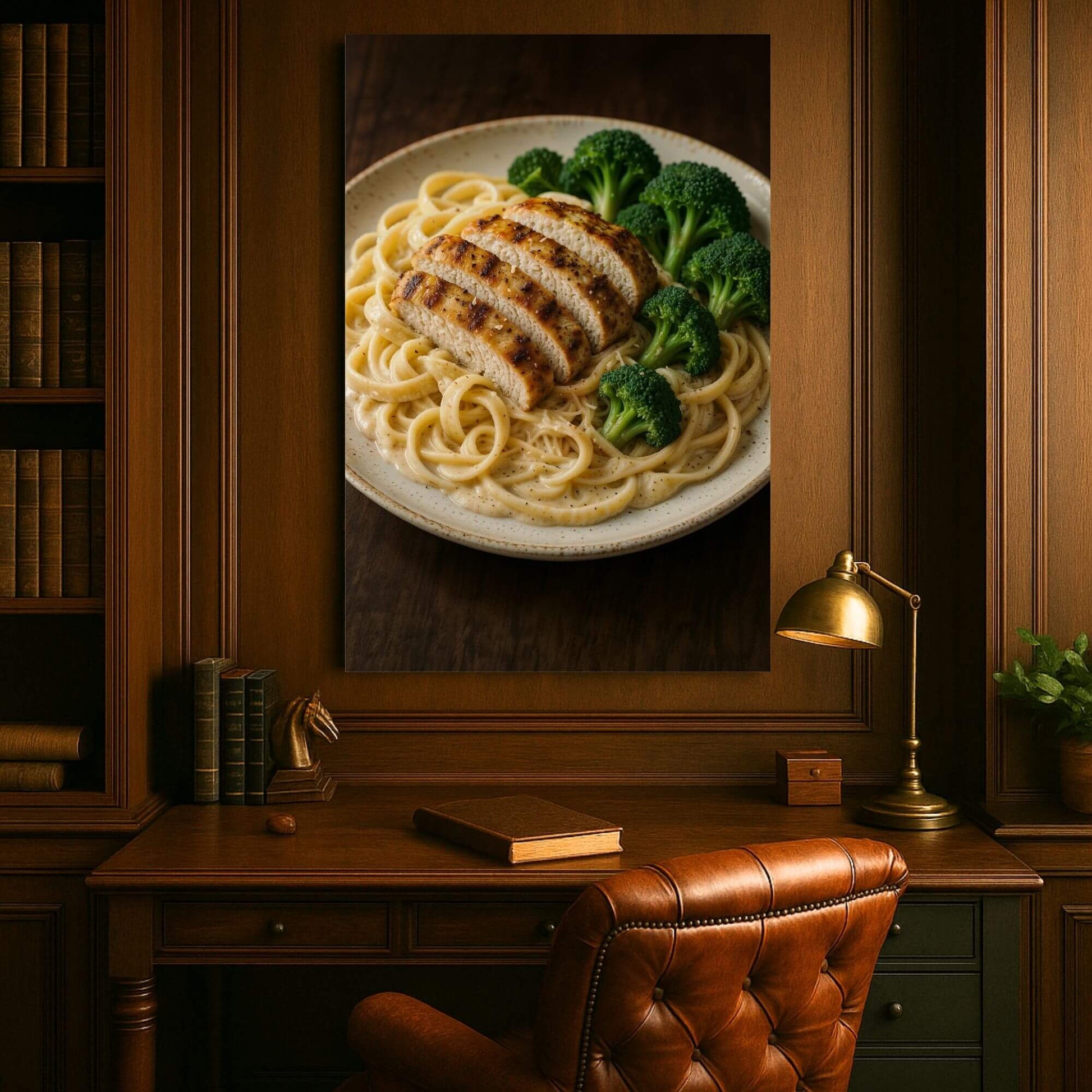 Canvas print of chicken alfredo pasta with broccoli on a plate, displayed in a classic office
or study setting with wood paneling.