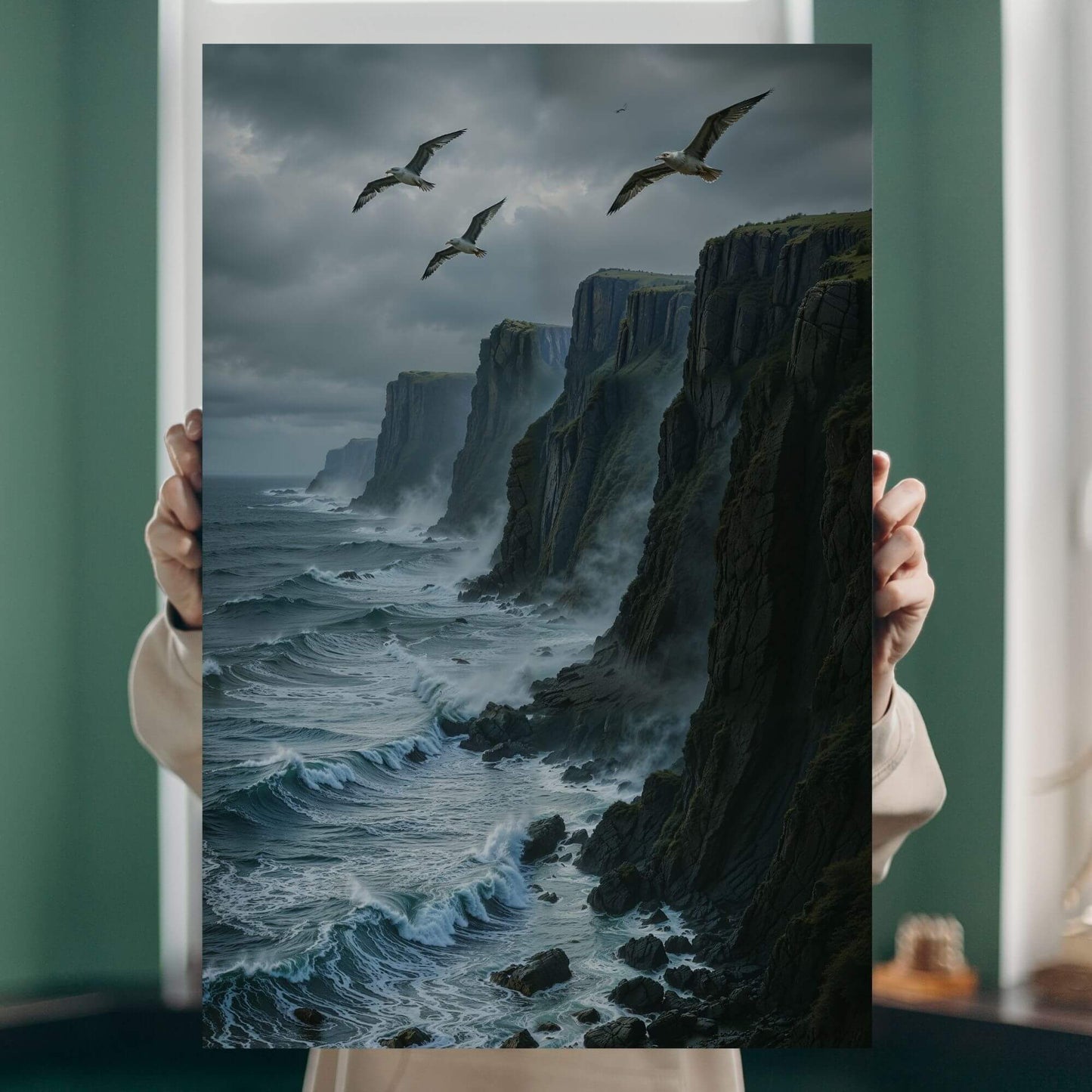 Person holding a canvas print of a dramatic coastal scene with cliffs, crashing waves, and seagulls.