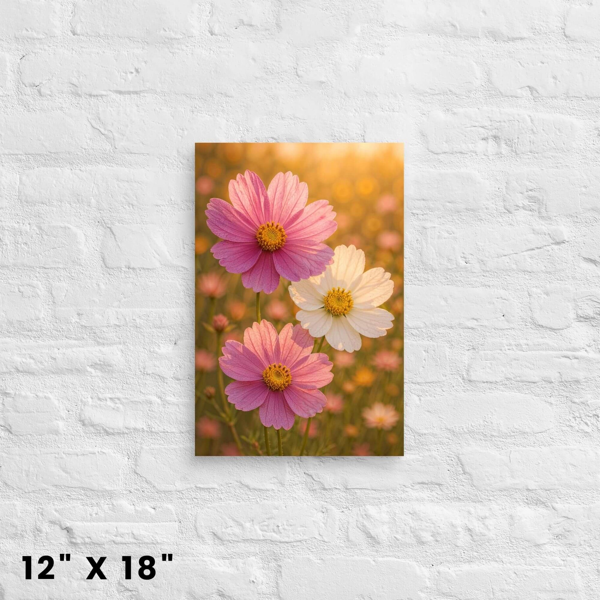 12"x18" canvas print of a pink and white cosmos flower field, shown on a decorative shelf.