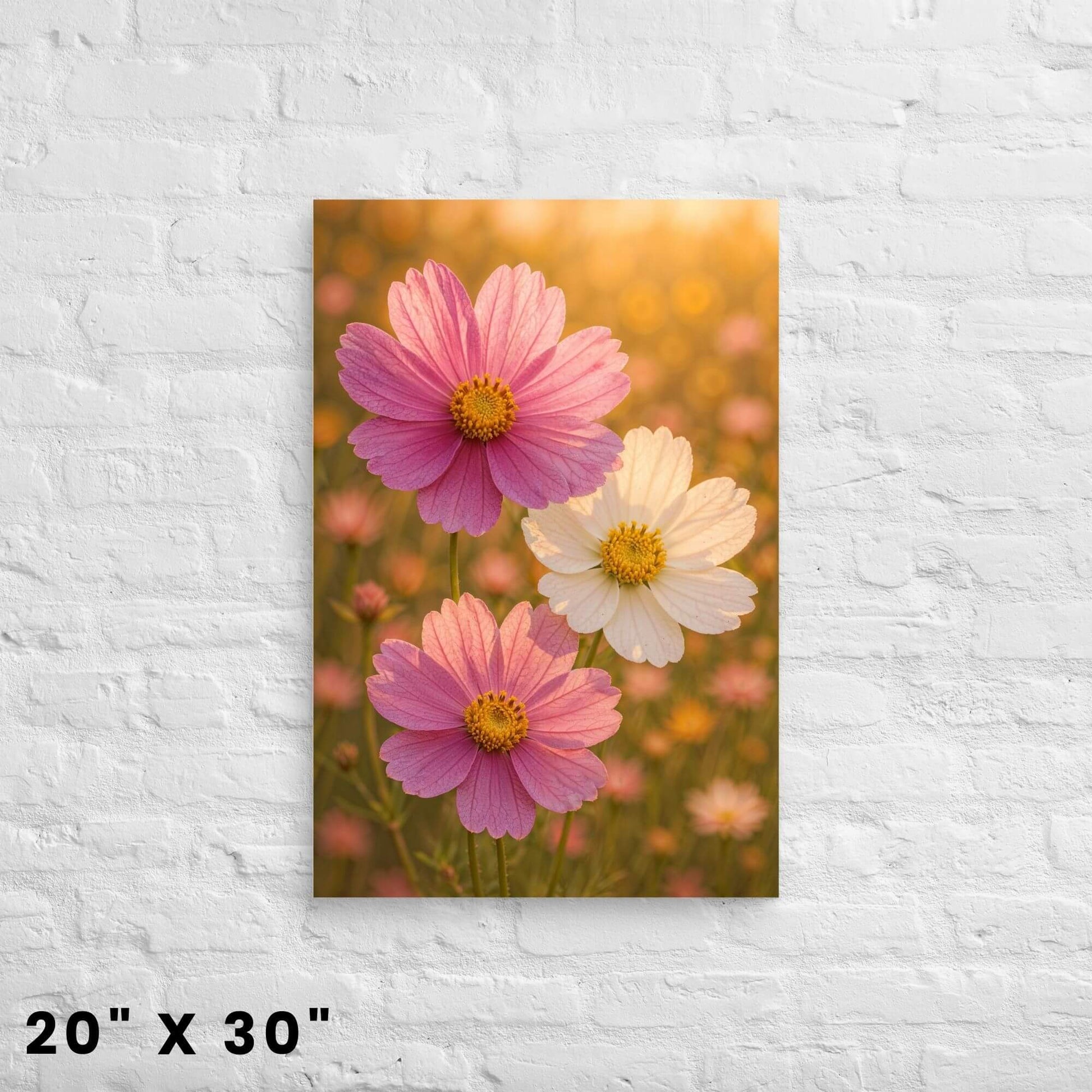 20"x30" canvas print of a beautiful pink and white cosmos flower field, hanging on a white brick
wall.