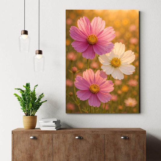 Canvas print of a pink and white cosmos flower field used as home decor, placed on a wooden
dresser next to a potted plant.