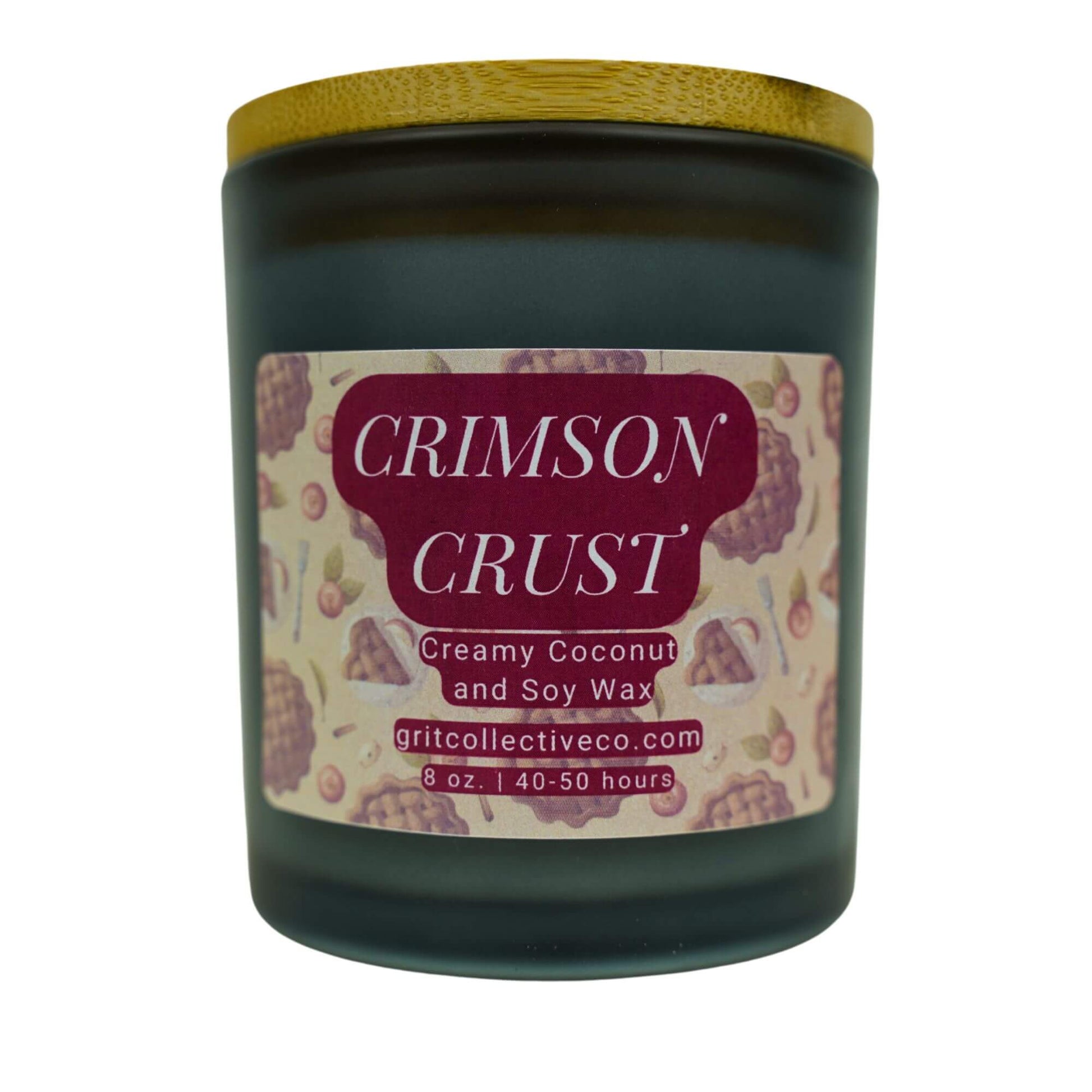 Crimson Crust" creamy coconut and soy wax candle by Grit Collective Co. with a pie crust and berry pattern and wooden lid.