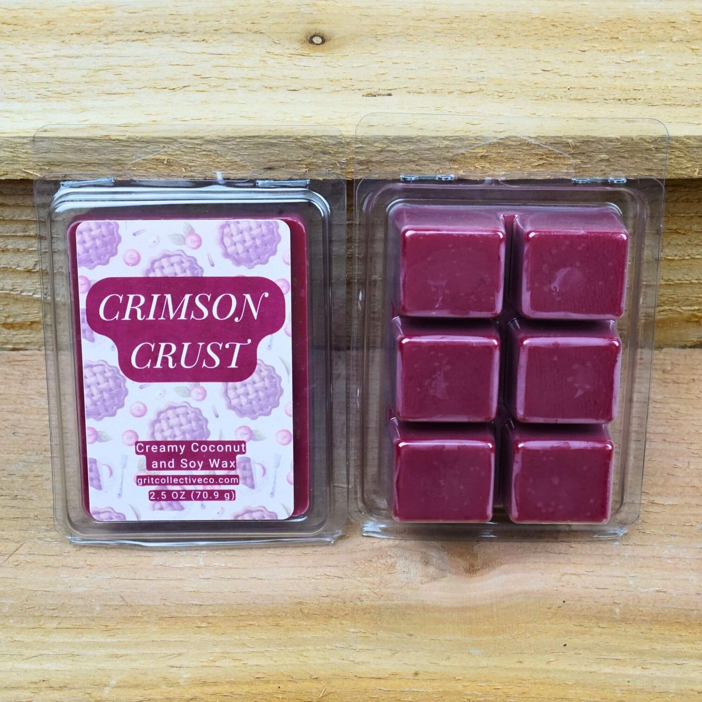 Crimson Crust scented creamy coconut and soy wax melts, 2.5 oz package with pie graphic.