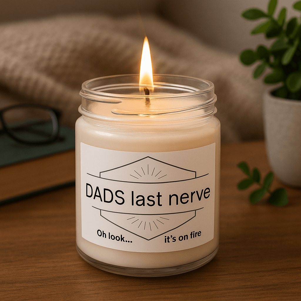 Dad's Last Nerve Oh look it's on fire" candle on a table.