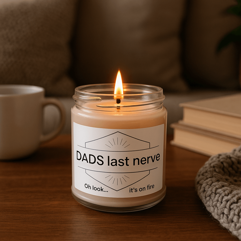 Dad's Last Nerve" candle lit in a cozy home setting with mug and books.