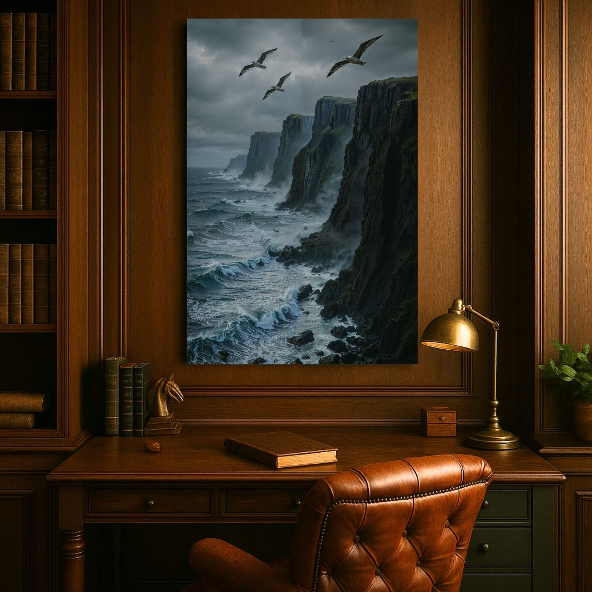 Canvas print of a dramatic coastal scene with towering cliffs, crashing waves, and seagulls flying overhead, displayed in a wood-paneled office.