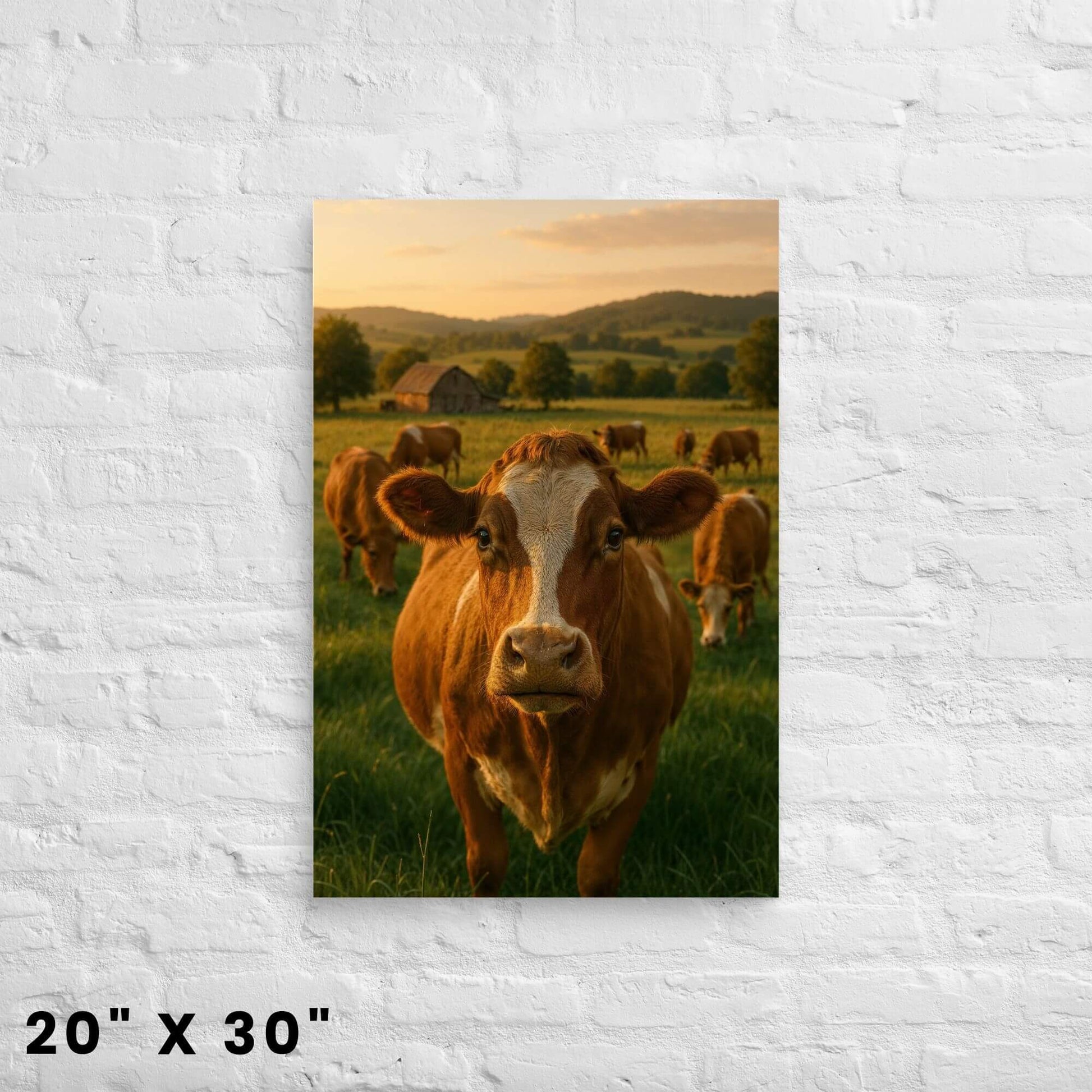20x30 inch canvas print of a brown and white cow in a grassy field with a barn and other cattle, shown on a white brick wall.